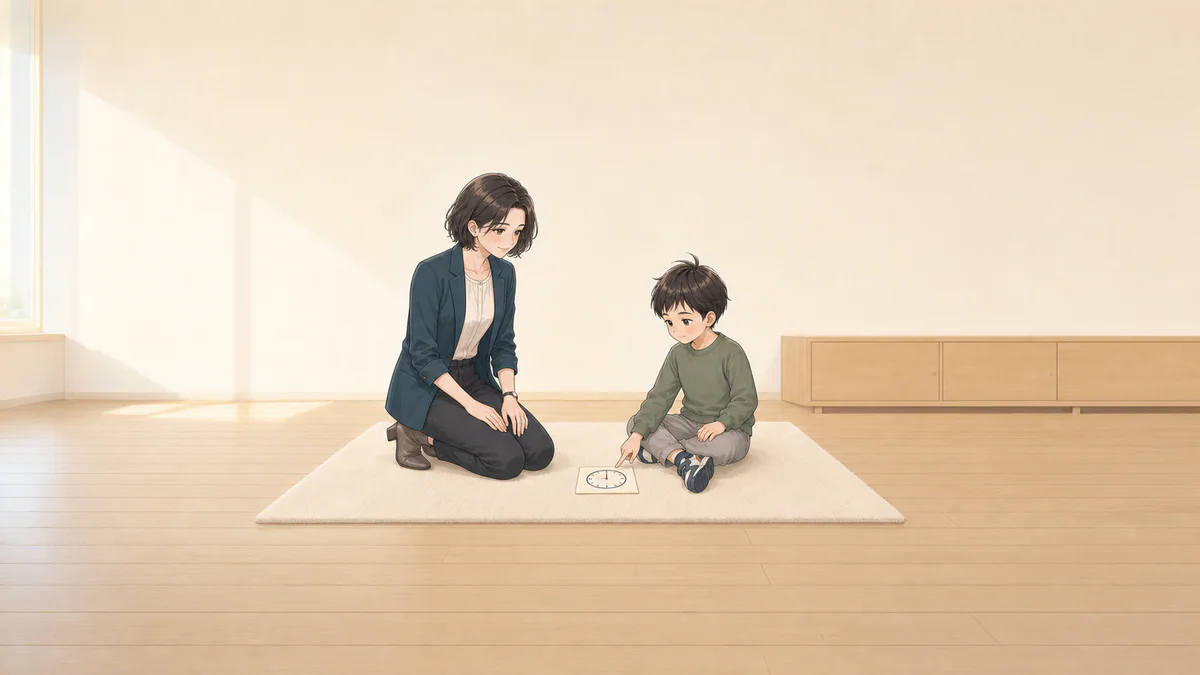 文字のない時計カードへ指先で触れるそうたを、同じ目線で質問を足さず静かに待つまどか