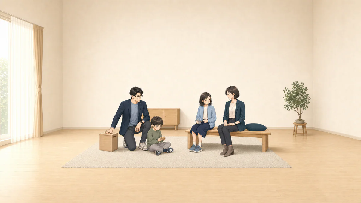 土曜朝のリビングで、圭介がそうたと積み木箱の安全な距離を保ち、まどかは水を持つひよりの話を少し離れて聞く