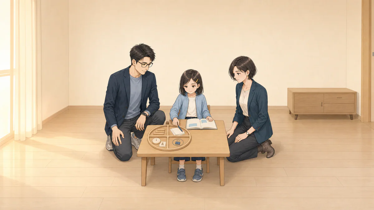 水野家の食卓で、完成条件・下書き・見直しと助け・終了と共有の四分割トレイを両親と確認するひより