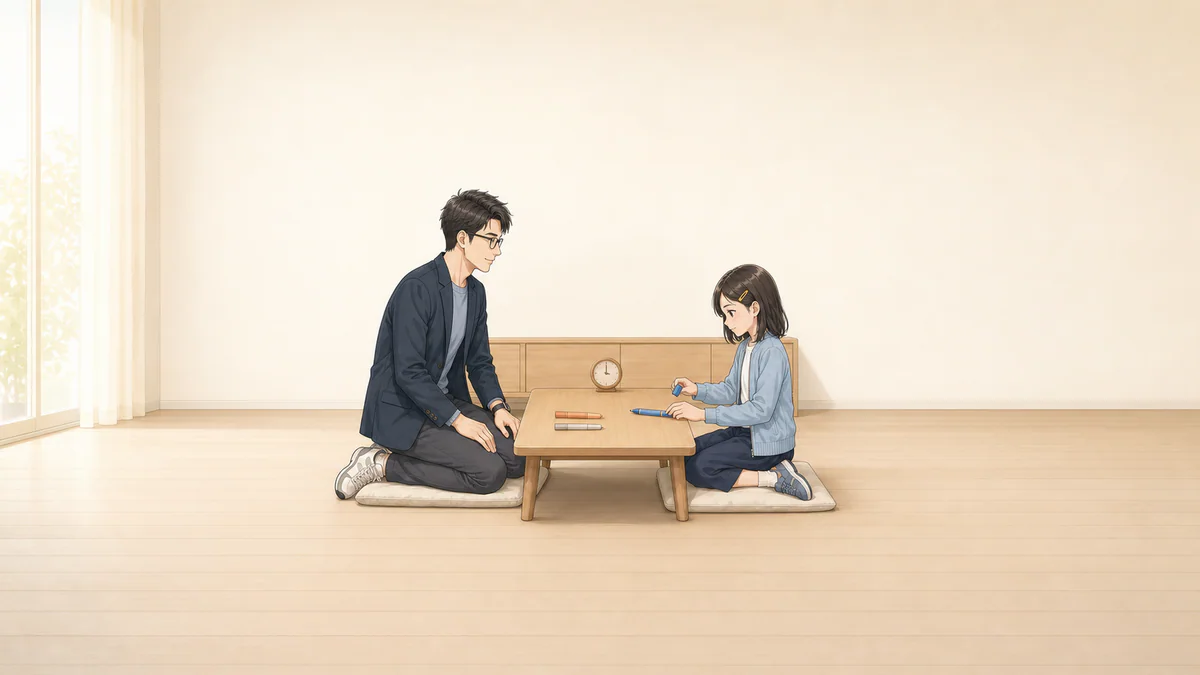 涙を残したまま青い水性ペンへ蓋を合わせるひよりを、同じ目線で静かに待つけいすけ