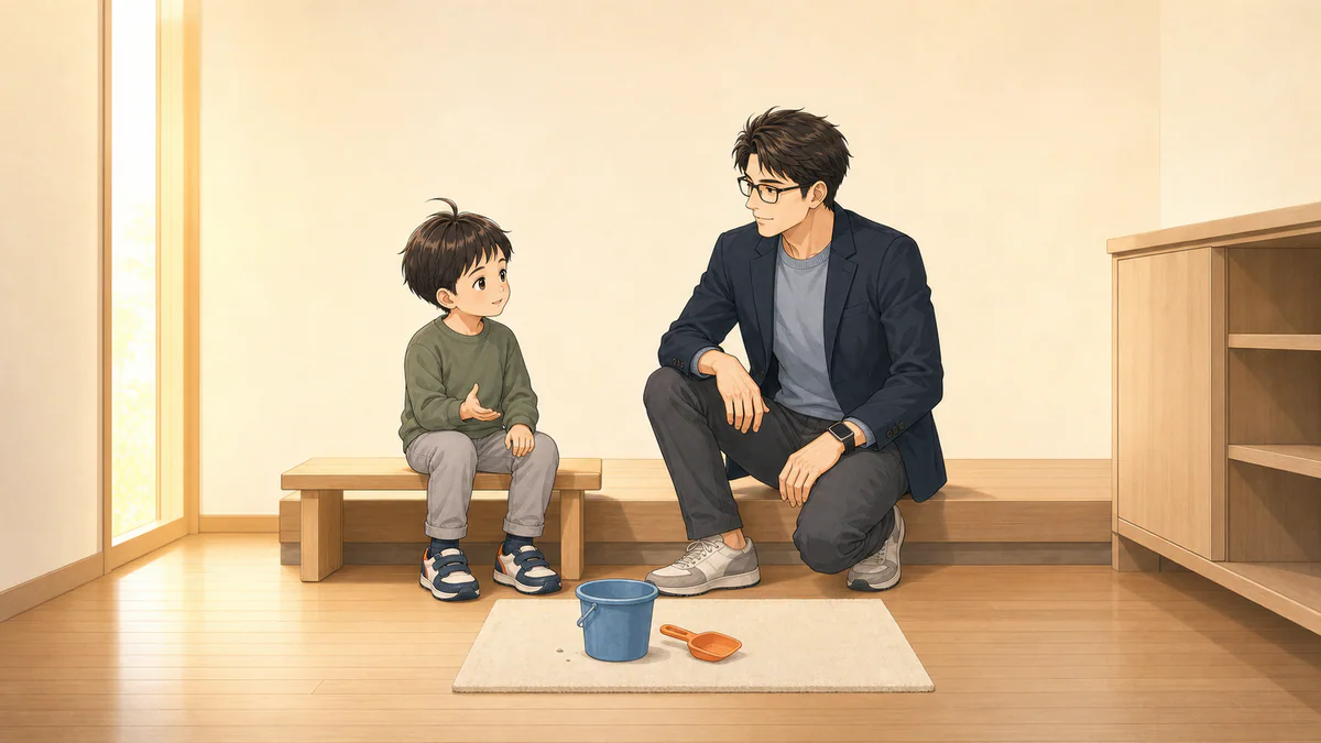 水野家の玄関で、青い砂遊びバケツを前に一つの話をするそうたと、同じ高さで静かに聞く父けいすけ