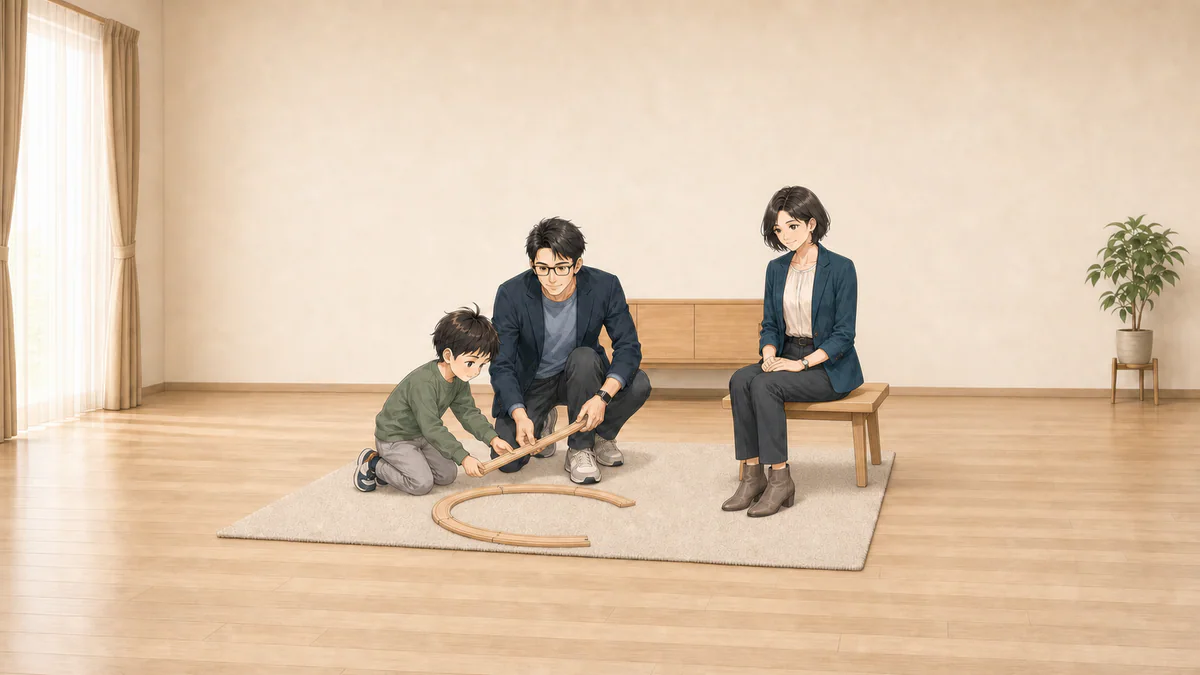 夕食前のリビングで、圭介とそうたが木の線路一片をラグへ戻し、まどかが低いベンチから静かに見守る