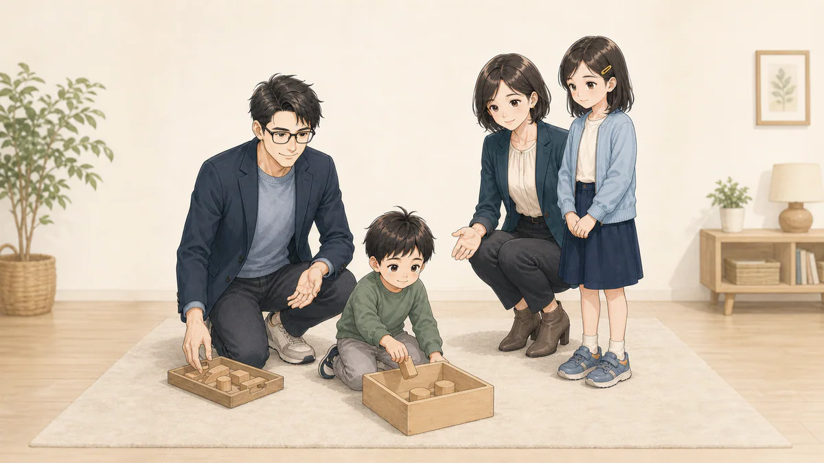そうたが積み木を箱へ置き、けいすけが残りを遠ざける間、安全な距離で見守るまどかとひより
